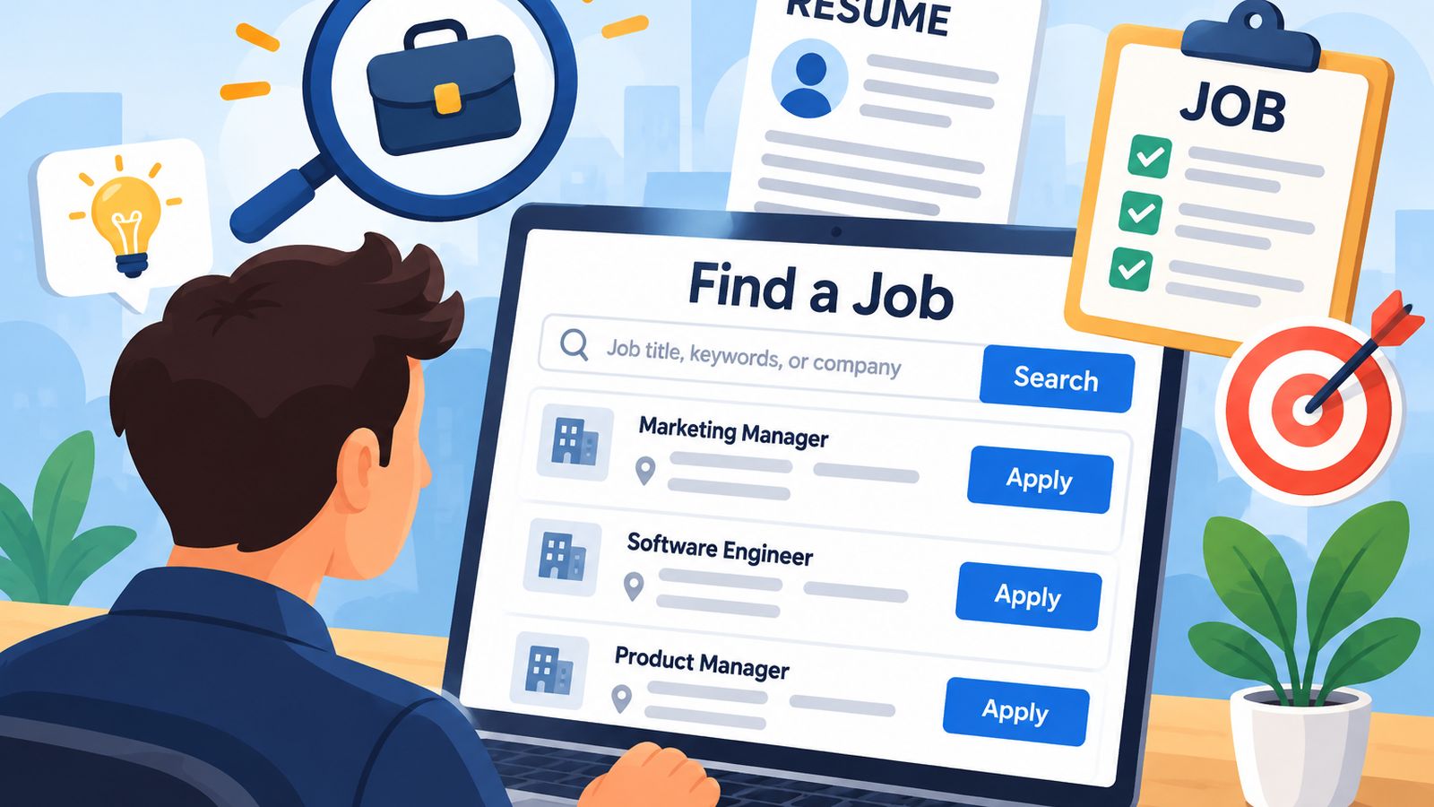 Illustration of a person at a laptop on a job search site, surrounded by a magnifying glass, a resume, a checklist and a target
