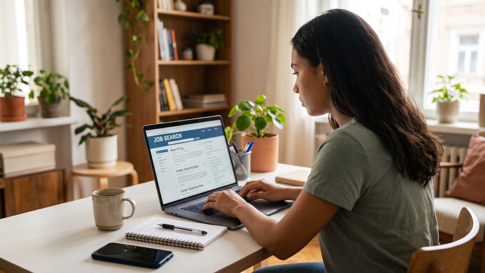 A woman at a desk at home reads job listings on a laptop