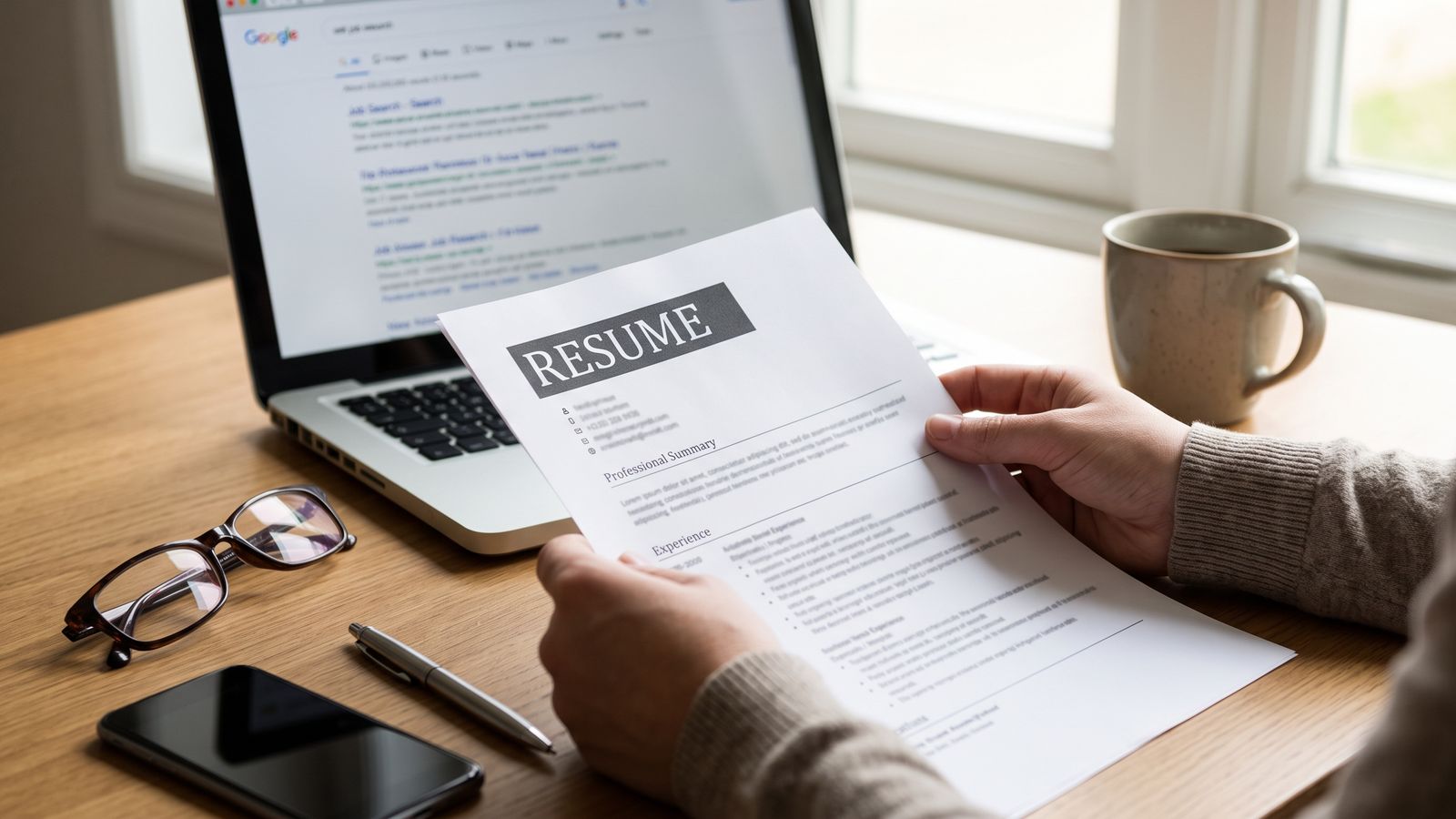 A job seeker holds a printed resume in front of a laptop showing search results
