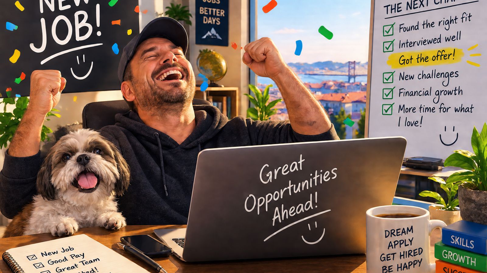 A man cheers at his desk beside a whiteboard that reads 'Got the offer', with a small dog next to him